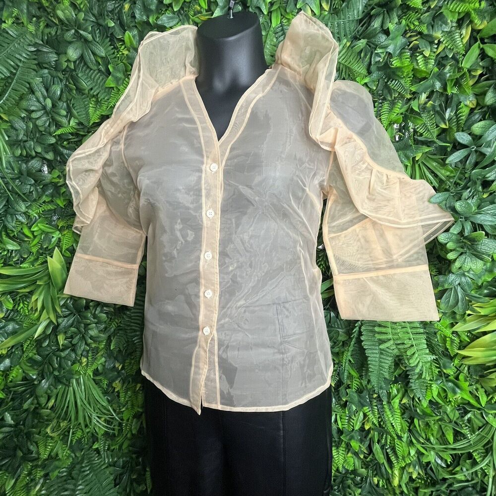 Hesperus Tops Women Medium Beige Khaki Blouse Button Front Ruffle Sheer 0168